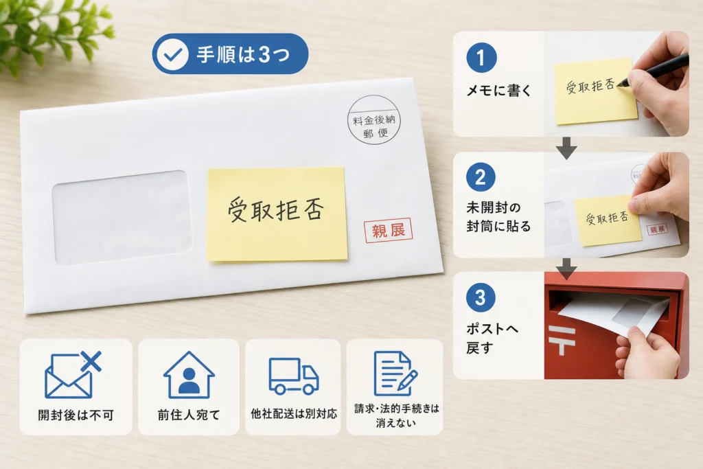 受取拒否は未開封の郵便物にメモを貼って戻す