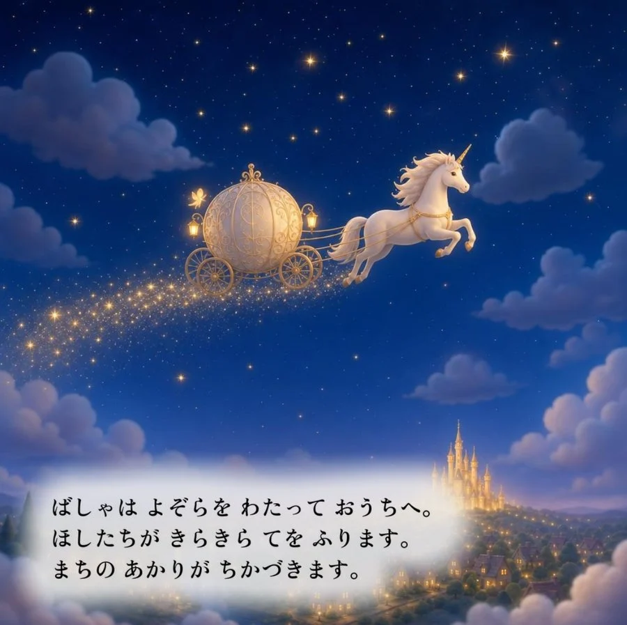 名前入り絵本の1ページ。夜空をユニコーンの馬車が家へ帰っていく場面