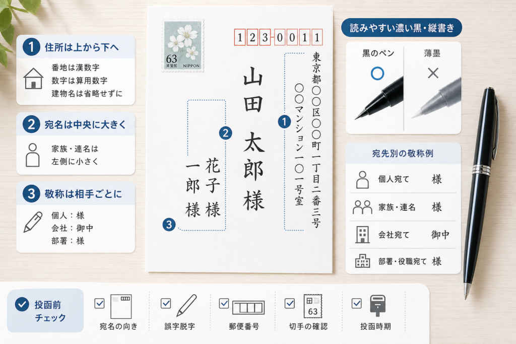 宛名面はどこに何を書く?縦書き・横書きの配置