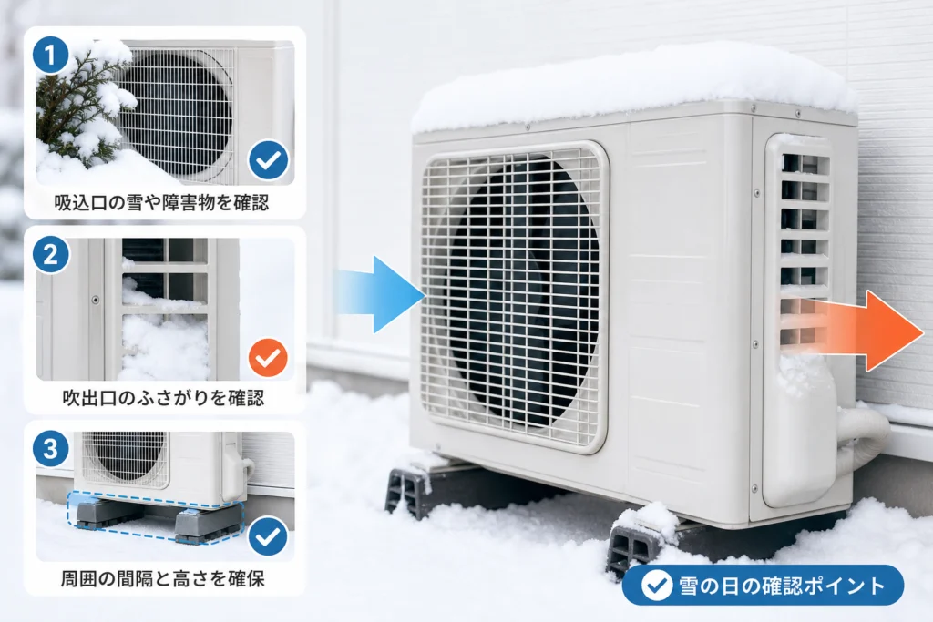 寒い日や雪の日は室外機の何を確認する？