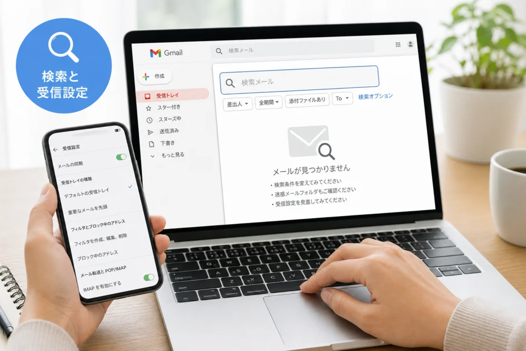 届いたメールが見つからないときは検索と受信設定を確認する