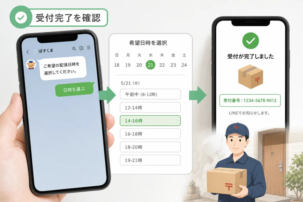 希望日時を選び、再配達の受付完了を確認する