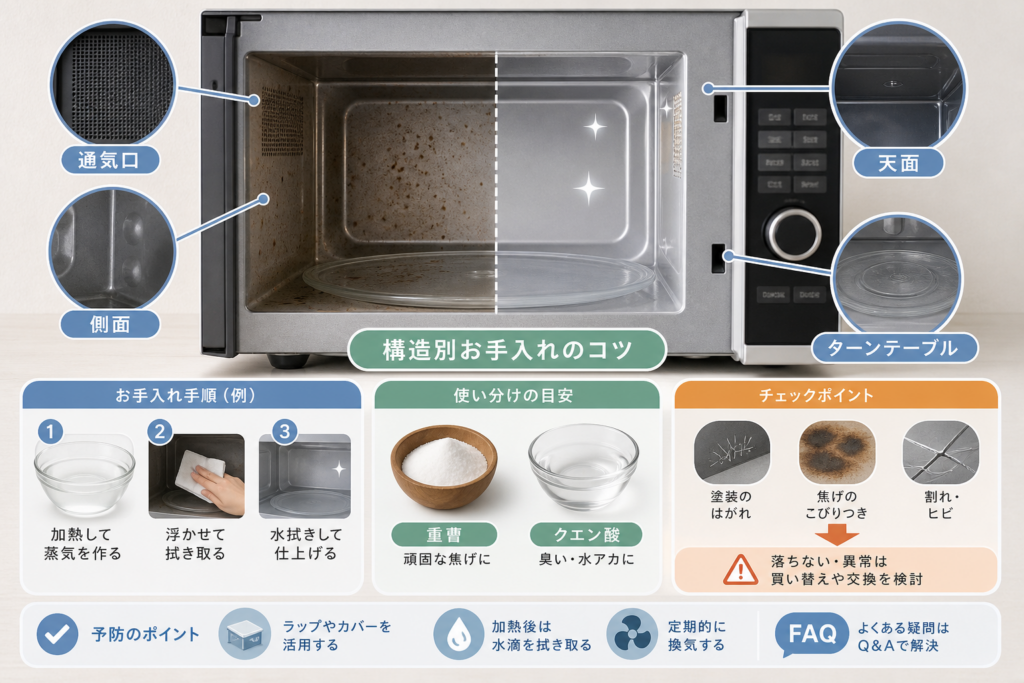 電子レンジの庫内構造と部位別の水拭き確認箇所