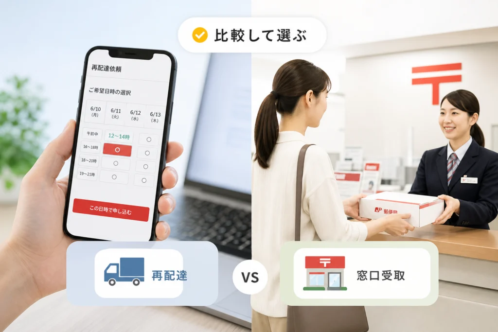 当日を選べないときは、再配達と窓口受取を比較する