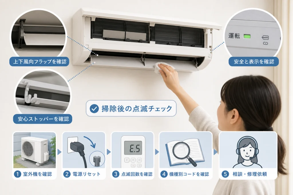 掃除後の点滅は上下風向フラップと安心ストッパーを確認