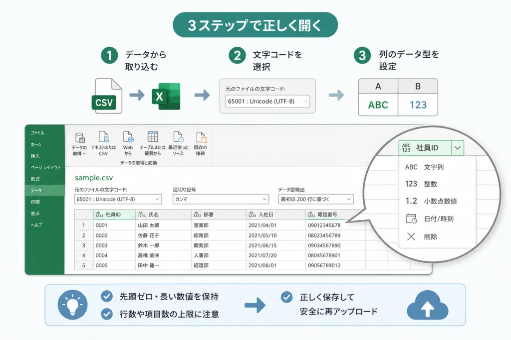文字コードと列の型を指定してCSVを開く手順