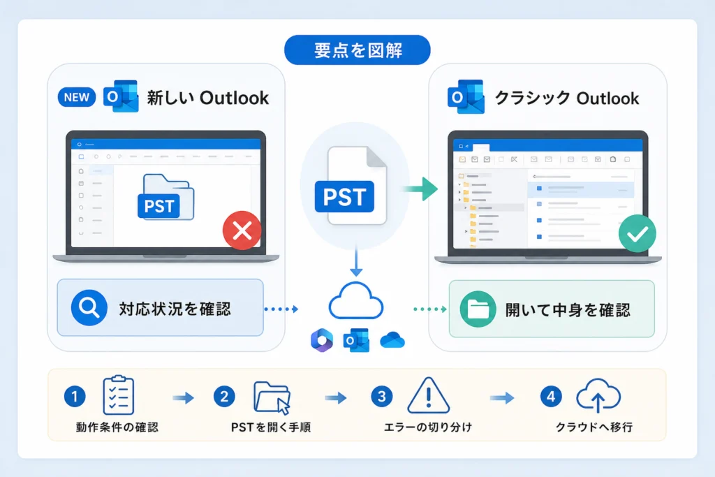 新しいOutlookはPSTのどこまで使える？