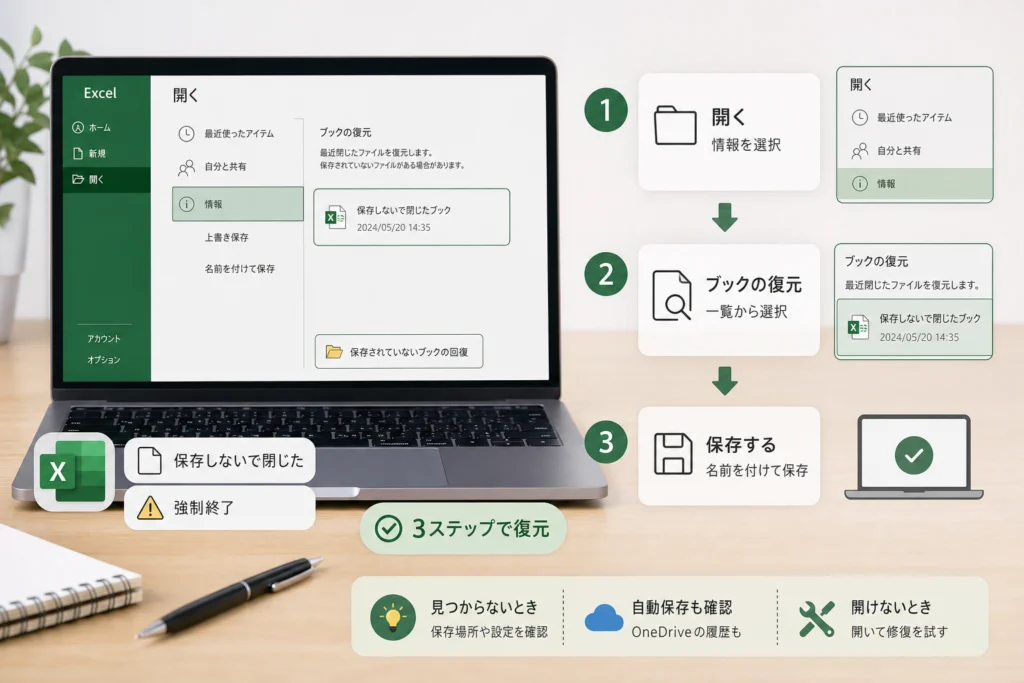 新規ブックを保存しないで閉じた場合の復元手順