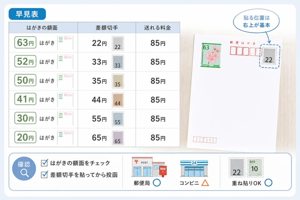 旧はがきの額面別|差額切手の早見表
