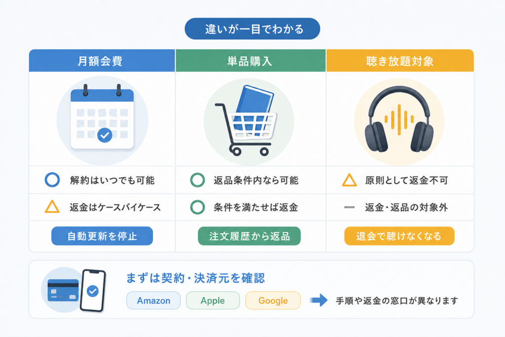 月額会費・単品購入・聴き放題の返金と返品の違い