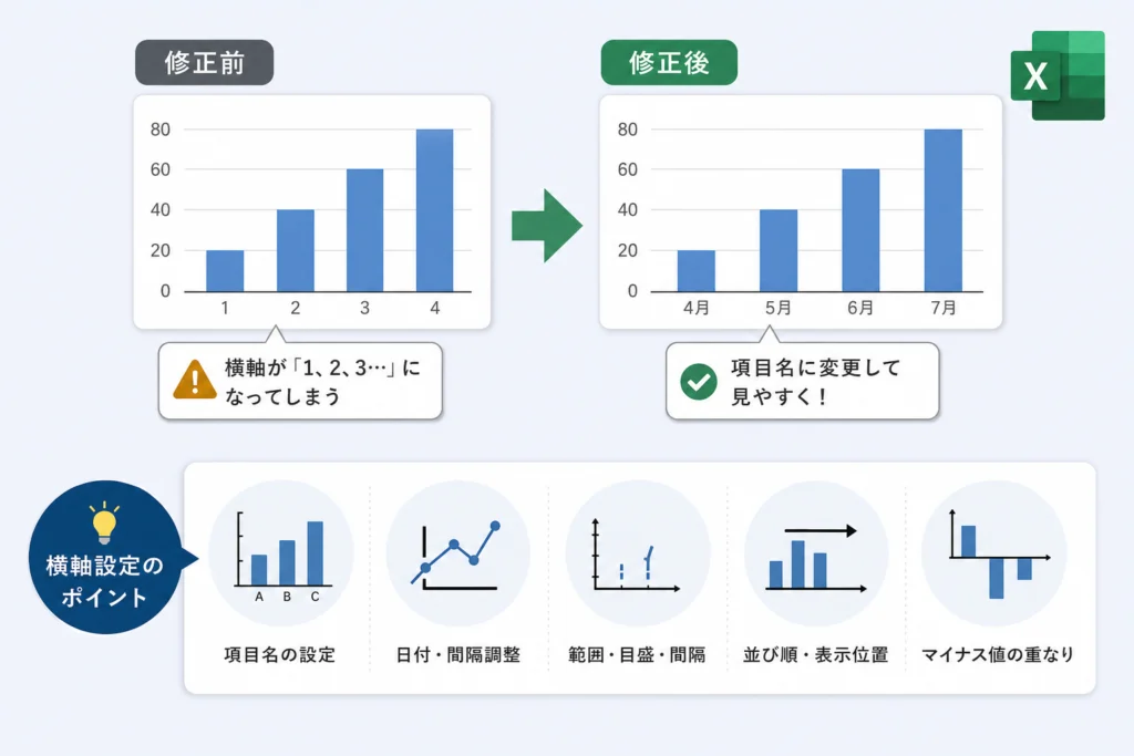 横軸が「1、2、3…」になる原因と直し方