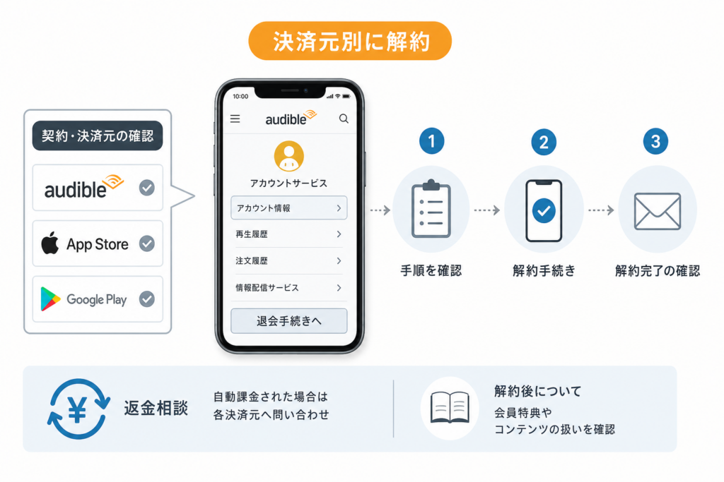 決済元別にAudibleを解約する手順