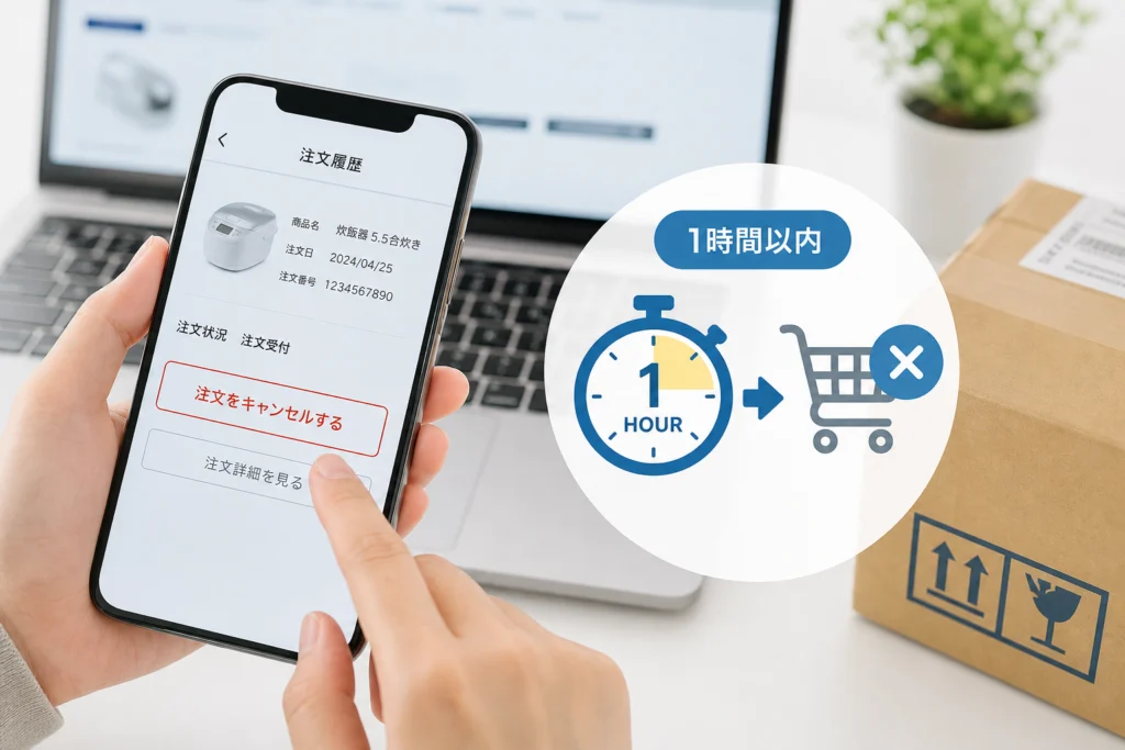 注文直後にキャンセルする方法と1時間以内の例外