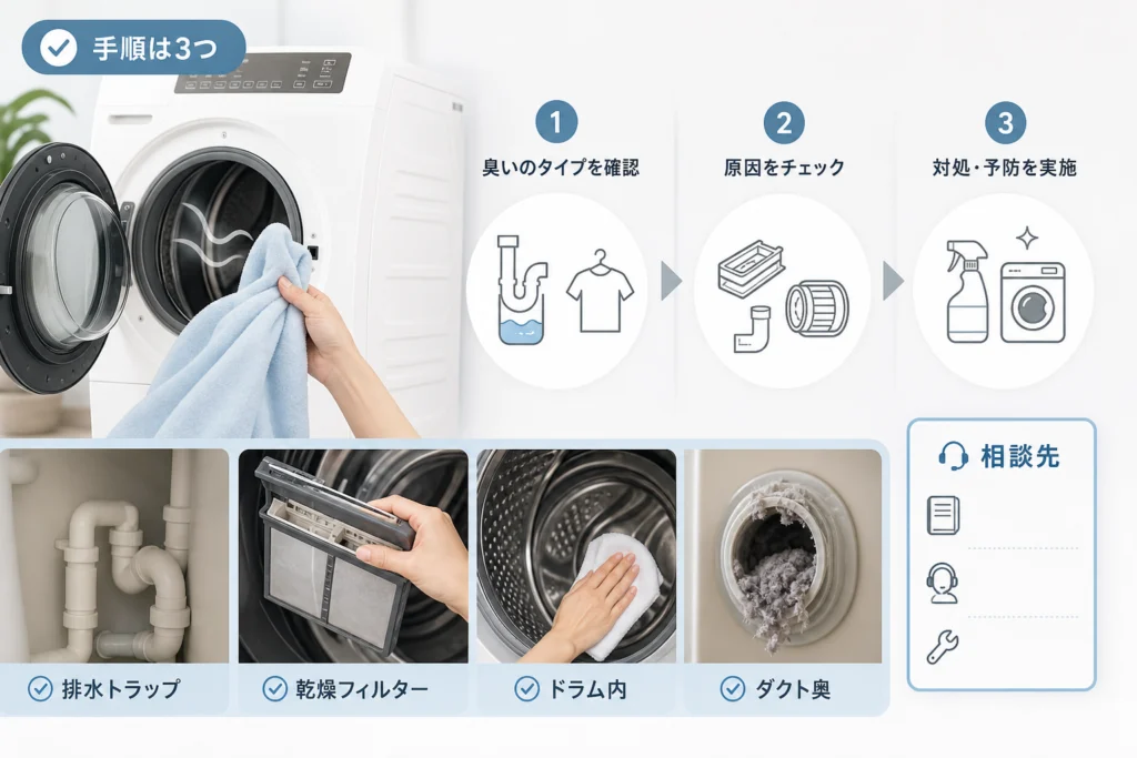 洗濯物が下水臭いときの表示確認と相談先