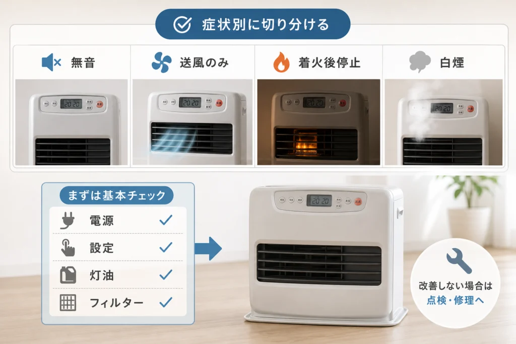 無音・送風のみ・着火後停止・白煙はどう切り分ける？