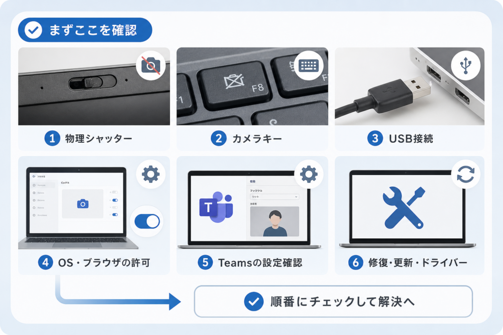 物理シャッター・カメラキー・USB接続を確認する