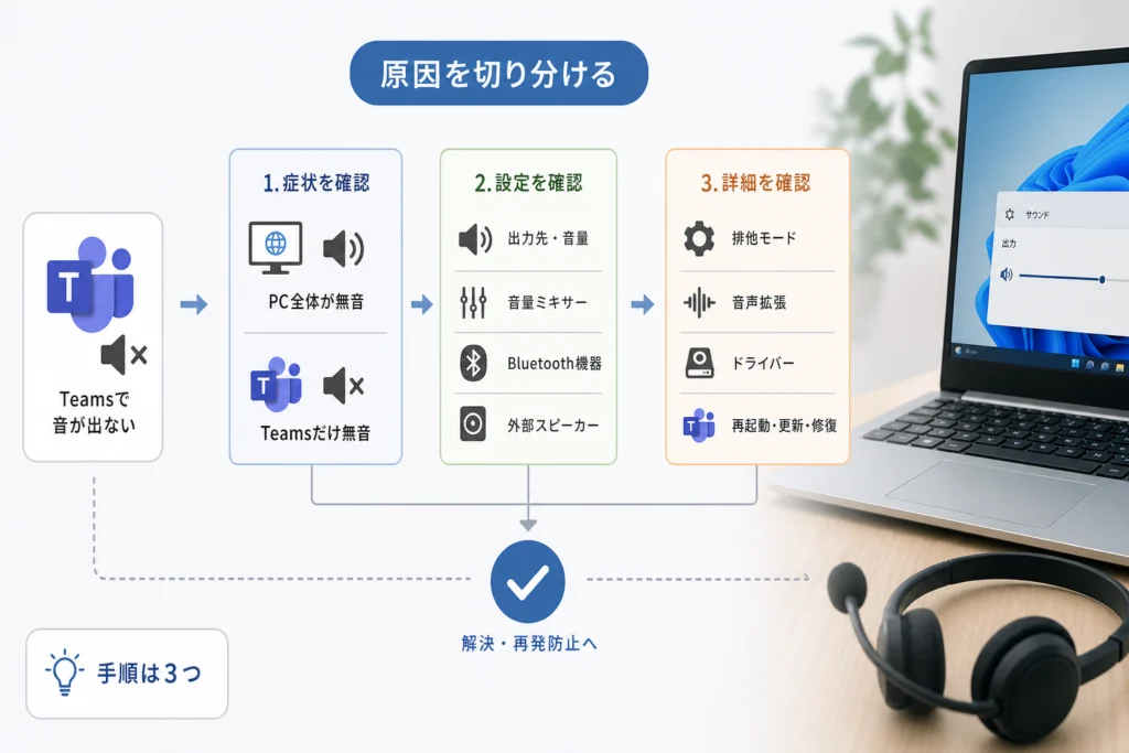 症状別に原因を切り分ける｜Teamsだけ無音か、PC全体が無音か