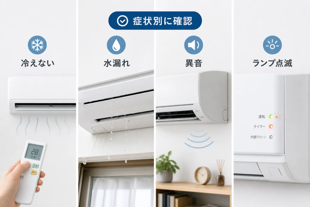 症状別に確認する|冷えない・水漏れ・異音・ランプ点滅