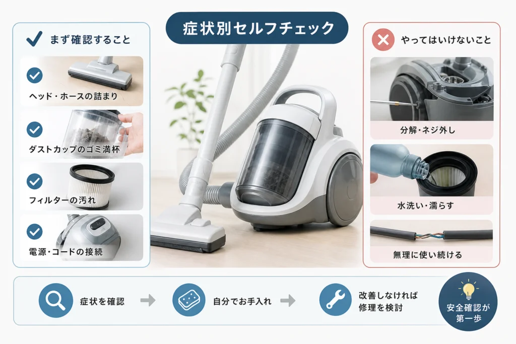 症状別｜掃除機を修理に出す前のセルフチェック