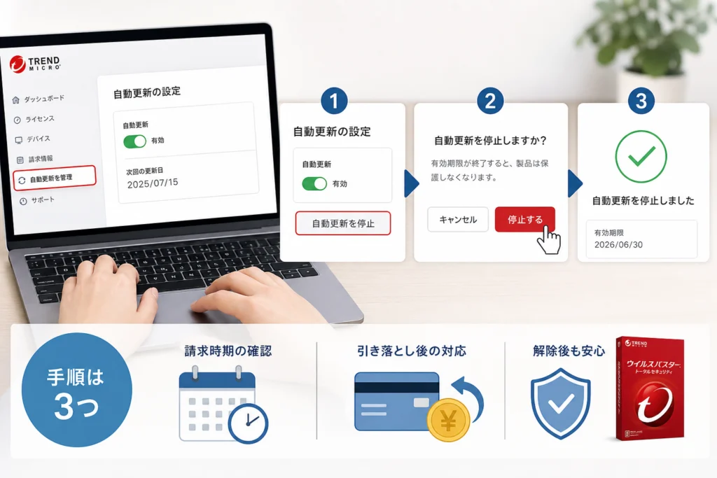 直接契約は「自動更新を管理」から完了表示まで進める