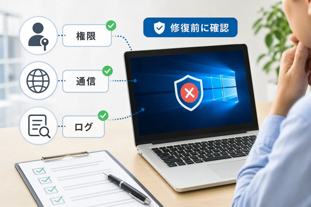 管理者が修復前に確認する権限・通信・ログ