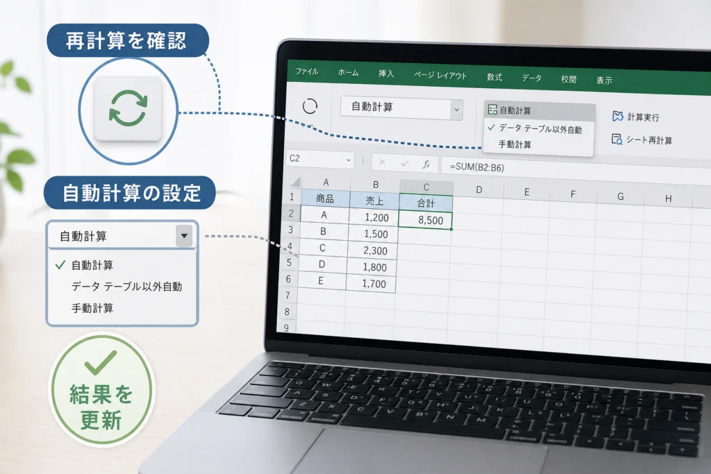 結果が更新されない場合は再計算と自動計算の設定を確認