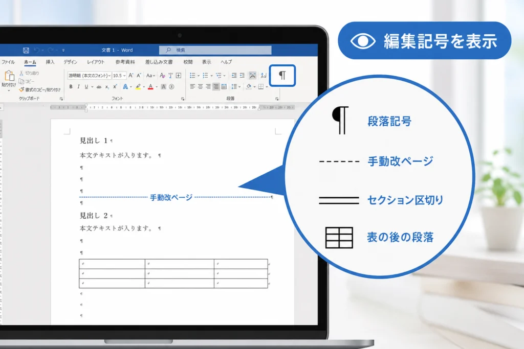編集記号を表示して空白ページの原因を特定する