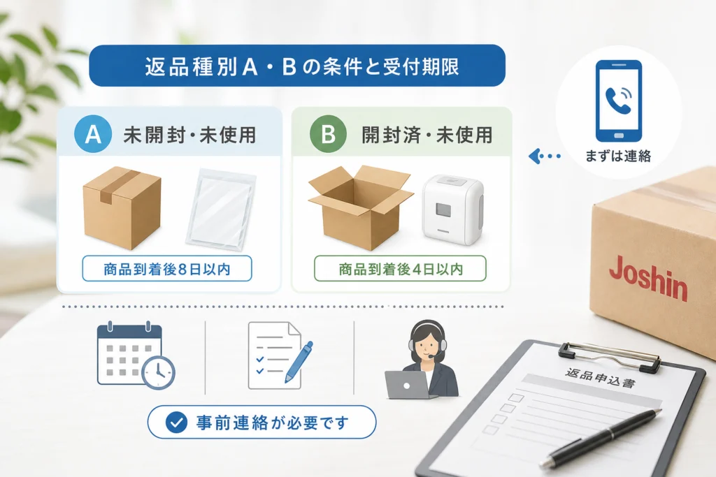 自己都合で返品できる条件｜本店の返品種別A・Bと受付期限