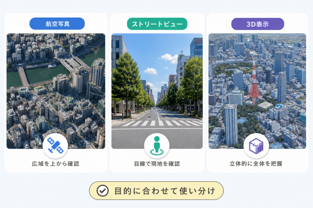 航空写真・ストリートビュー・3D表示（イマーシブビュー）の違いと使い分け