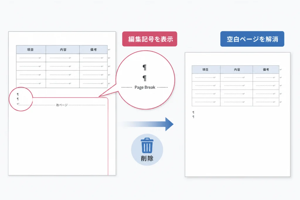 表の後にできる最後の空白ページを削除する