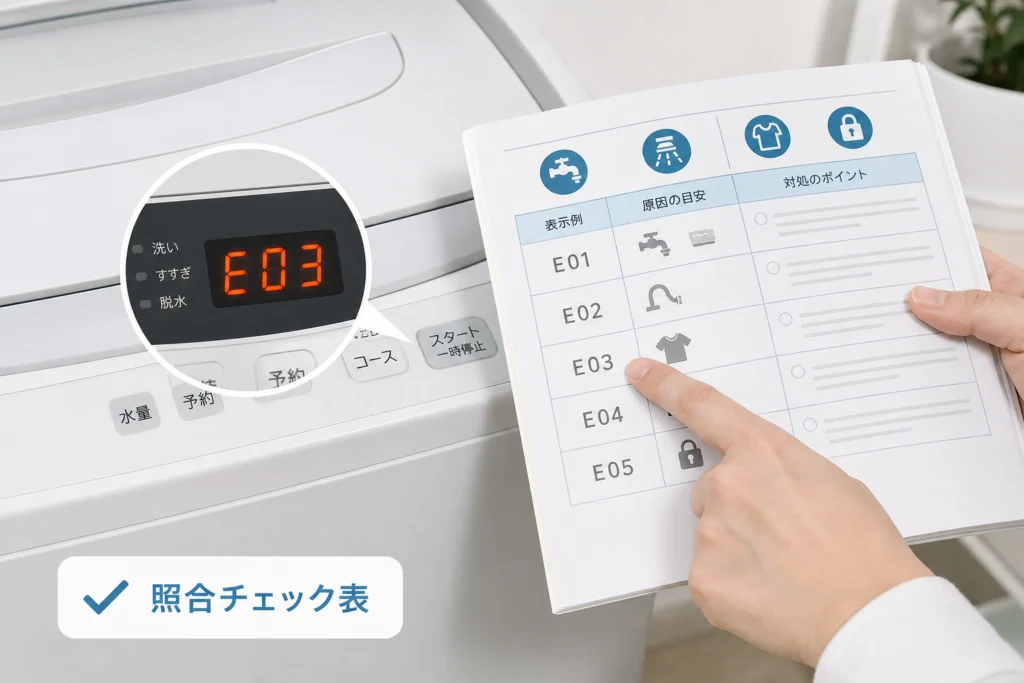 表示コードを説明書で照合するための確認表