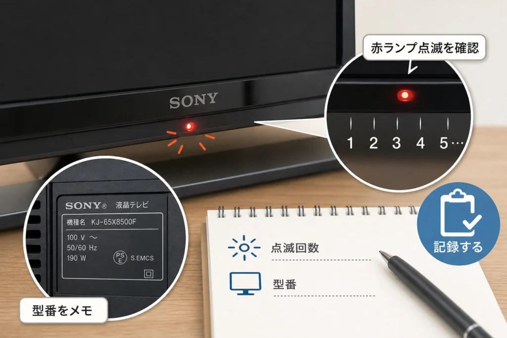 赤ランプの点滅回数とブラビアの型番を記録する
