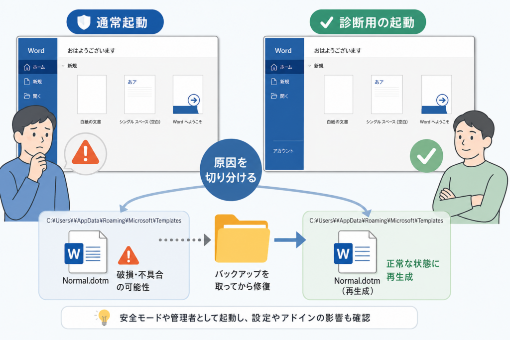 起動時のエラーは、通常起動と診断用の起動を比べる