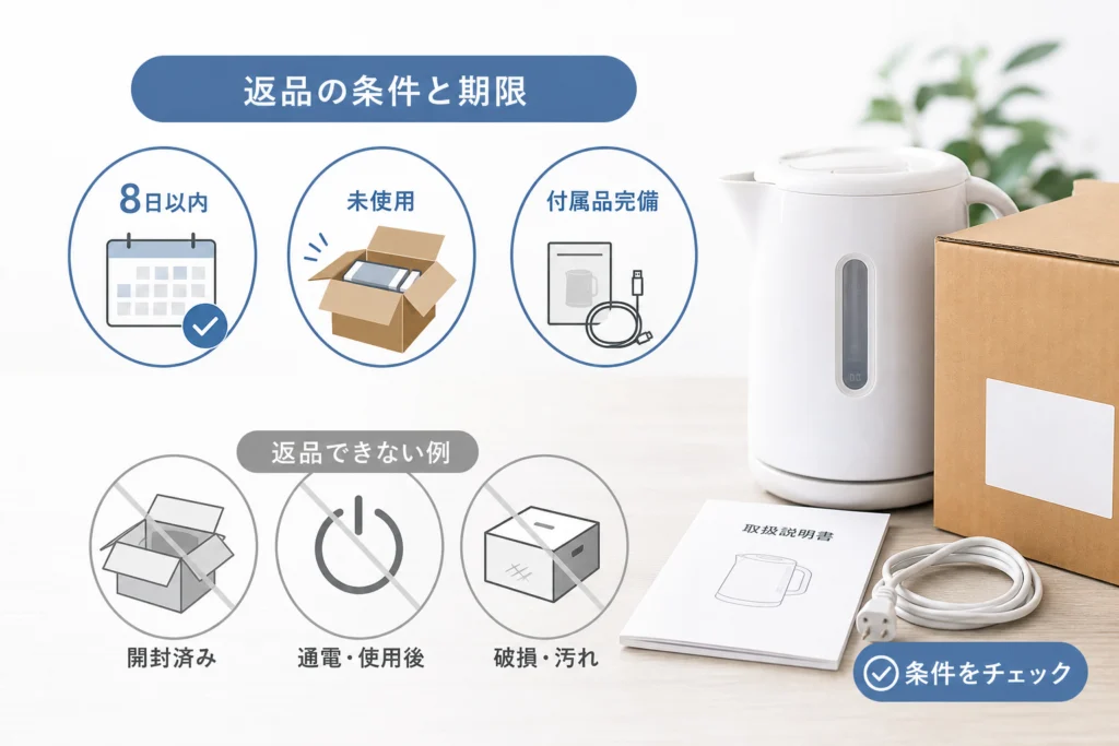 返品できる条件と期限|開封・通電・使用後はどうなる?