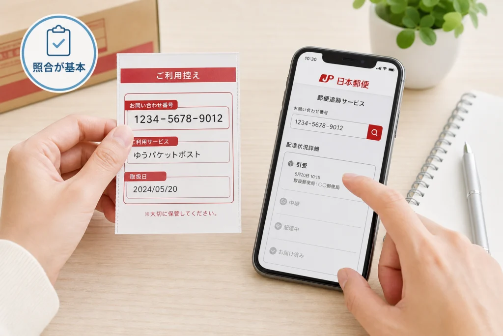 追跡番号と発送サービスを控えで照合する