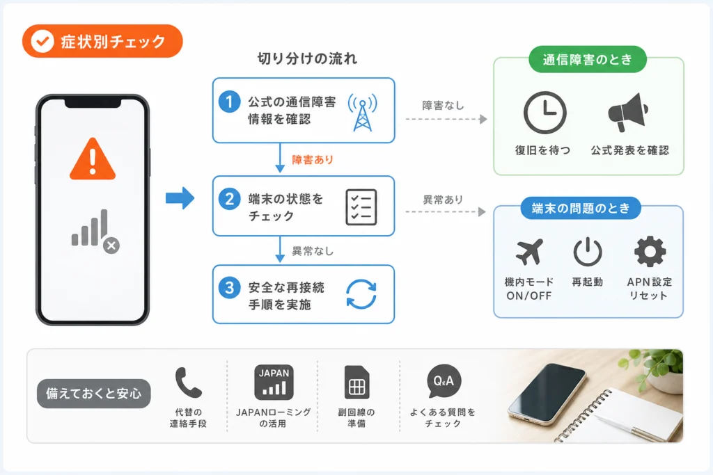 通信障害か端末の問題かを症状別に切り分ける