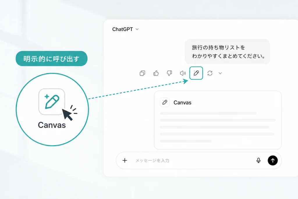 通常チャットに出る場合はCanvasを明示的に呼び出す