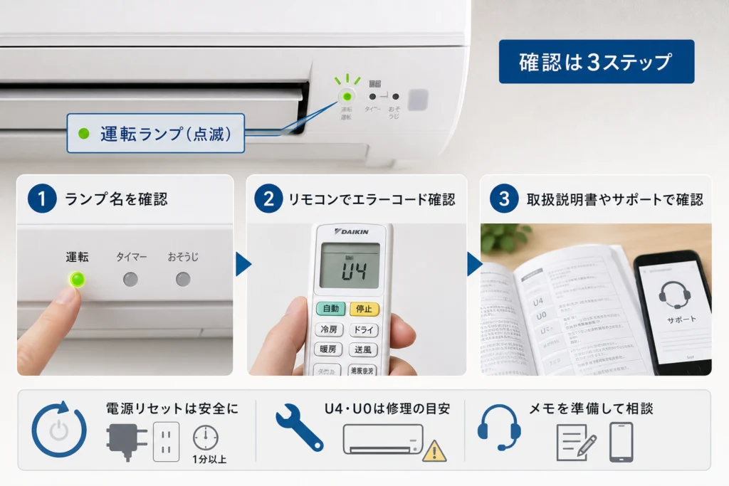 運転ランプが点滅したときのエラーコード確認方法