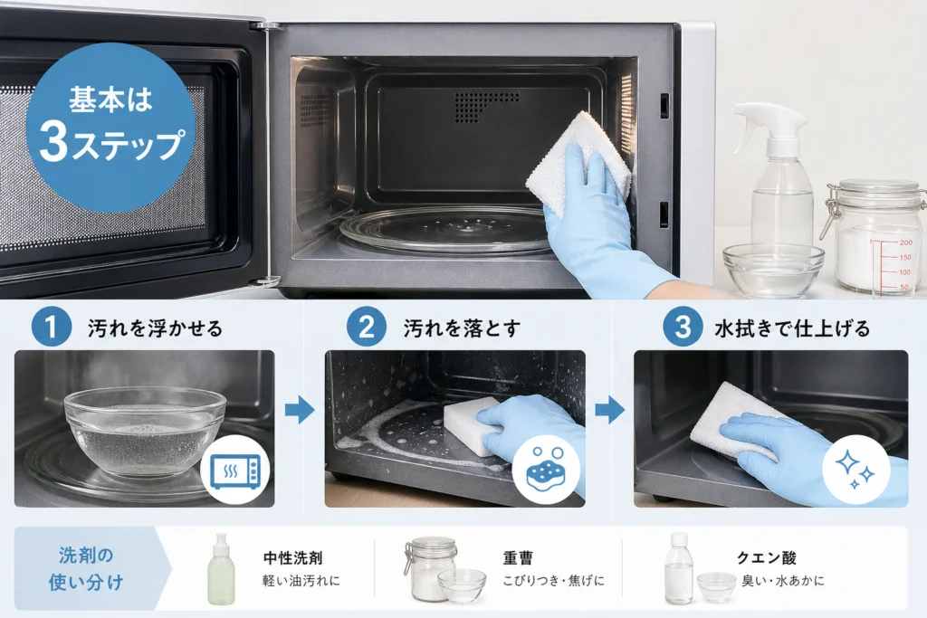 電子レンジ庫内の焦げ・油汚れを落とす基本手順