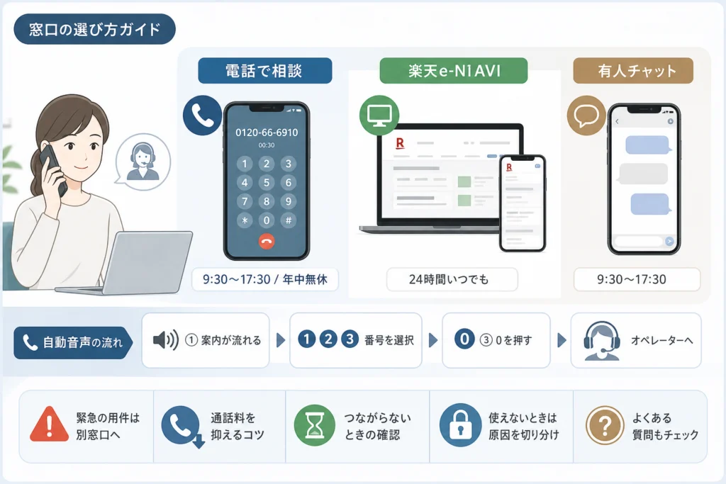 電話・自動音声・楽天e-NAVIを用件別に選ぶ