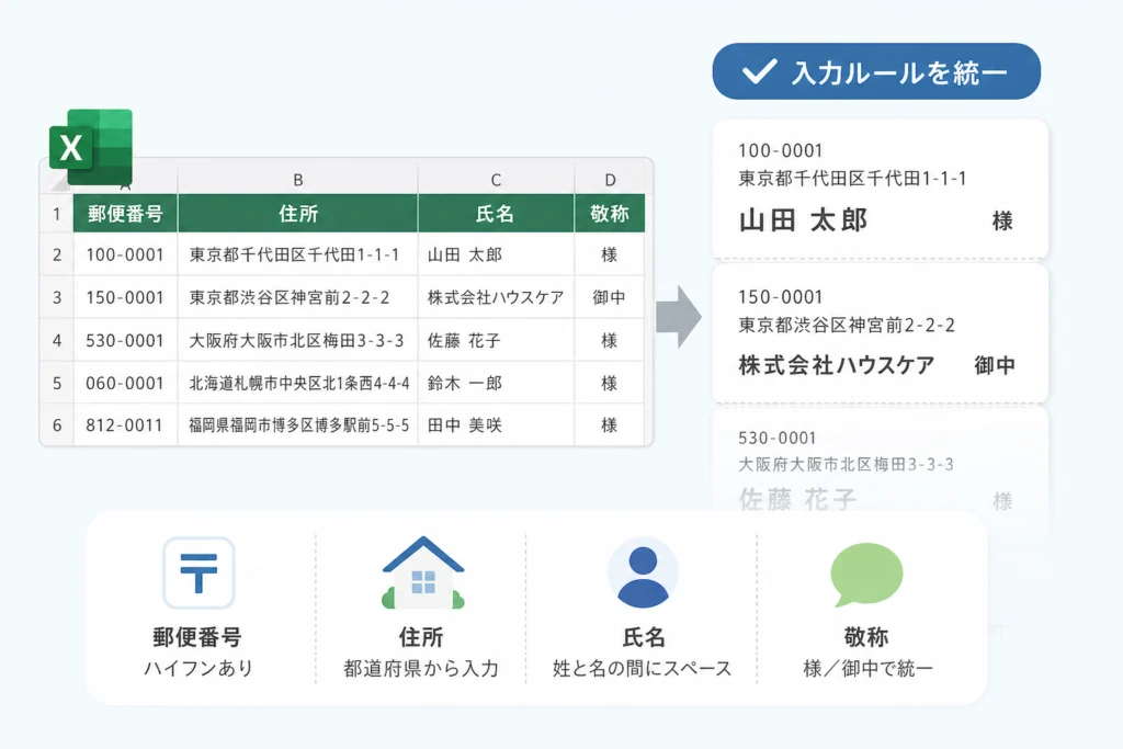 Excel住所録を整える｜郵便番号・住所・氏名の入力ルール