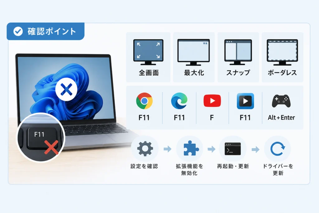 F11が効かない・全画面表示にできないときの確認項目