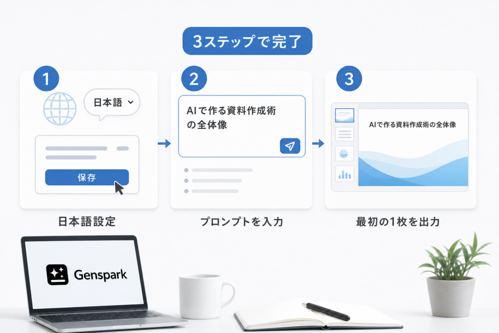 GensparkのAIを使ったスライド作成の全手順！日本語設定から最初の1枚を出力するまで