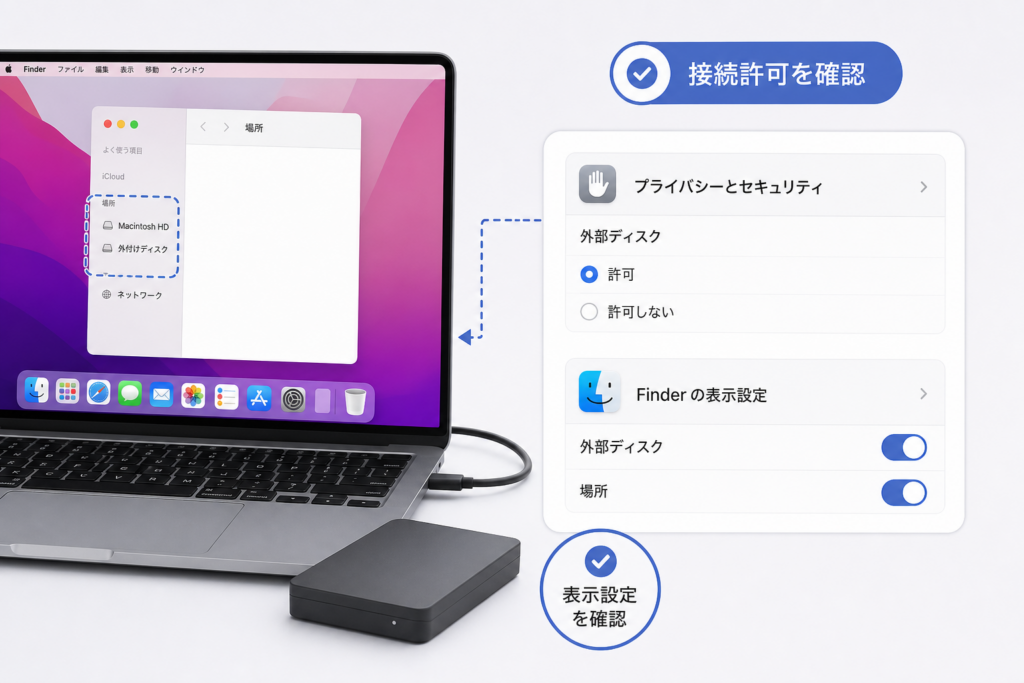 macOSの接続許可とFinderの表示設定を確認する