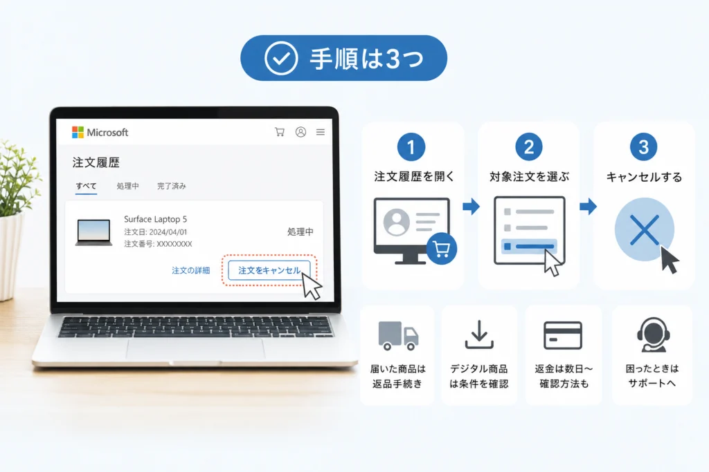 Microsoftストアの注文をキャンセルする手順