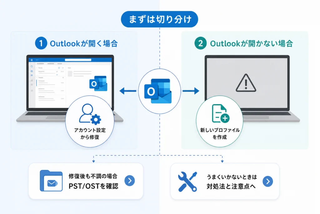Outlookが開く場合、アカウント設定からどう修復する?