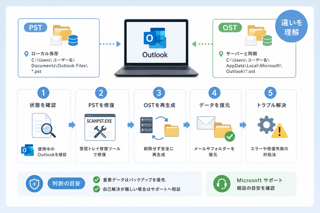 PSTとOSTの違い、保存場所、使用中のOutlookを確認する