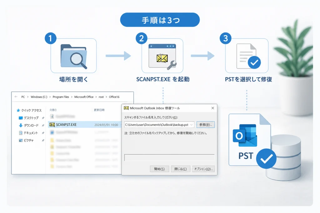 PSTを修復する:SCANPST.EXEの場所と実行手順