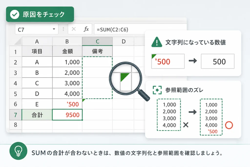 SUMの結果が合わない場合は数値の文字列化と参照範囲を確認