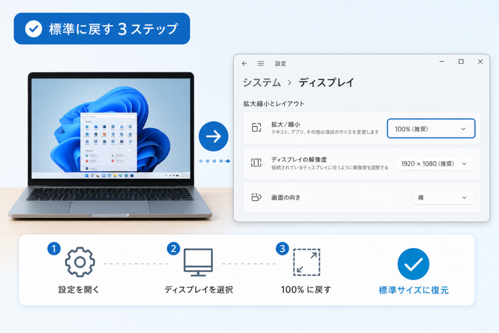 Windows11/10のディスプレイ設定・表示スケールを標準に戻す手順